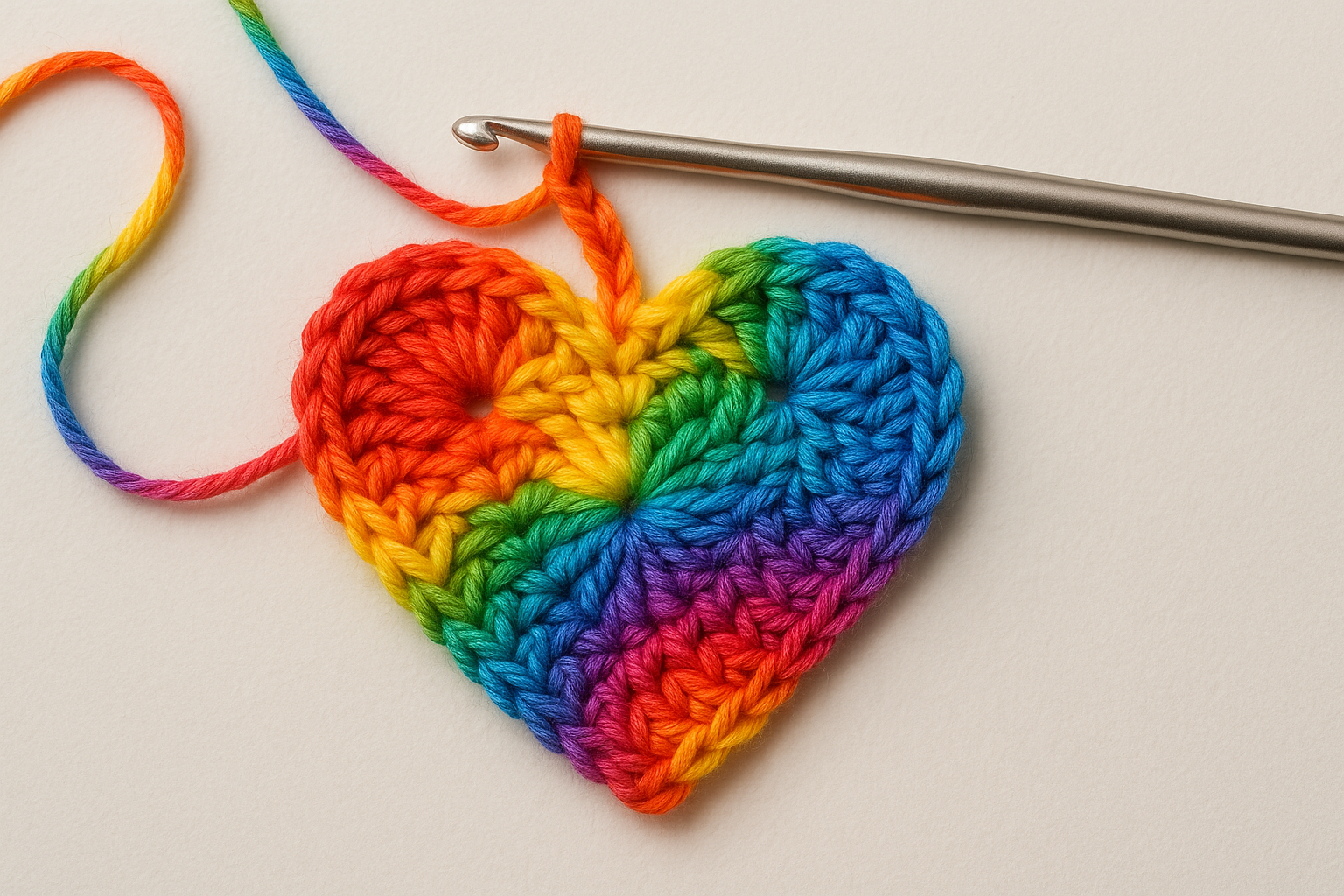 A crochet hook with a half finishe crochet heart on it made from  rainbow yarn